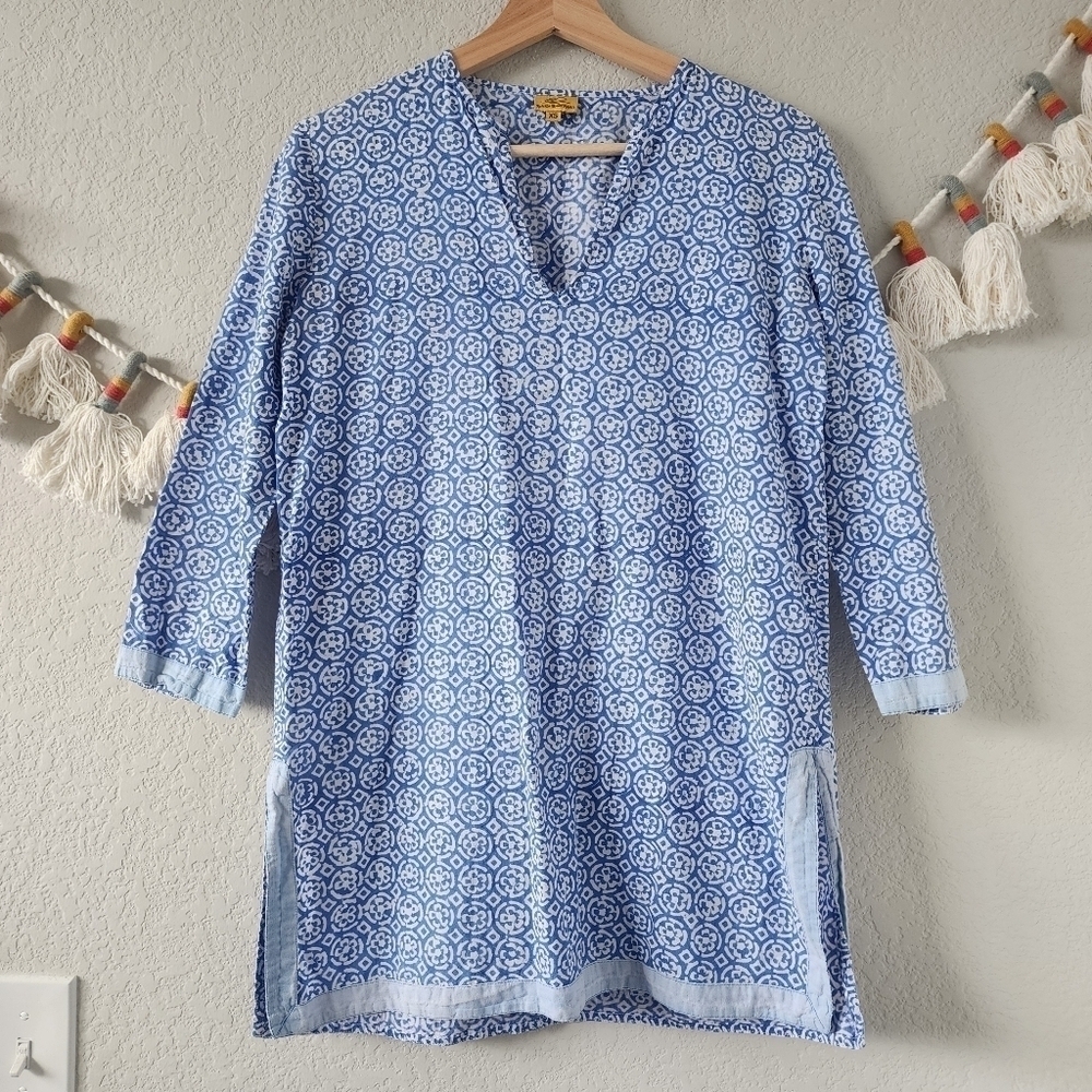 Roller Rabbit Amanda Geometric Printed Popover V-neck Tunic Top Blue Boho XS